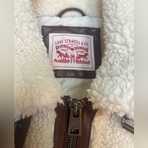 LEVI’S FAUX SHERPA & LEATHER DETAIL MOTO COAT TEDDY BEAR JACKET WHITE BROWN SZ L - Picture 8 of 12